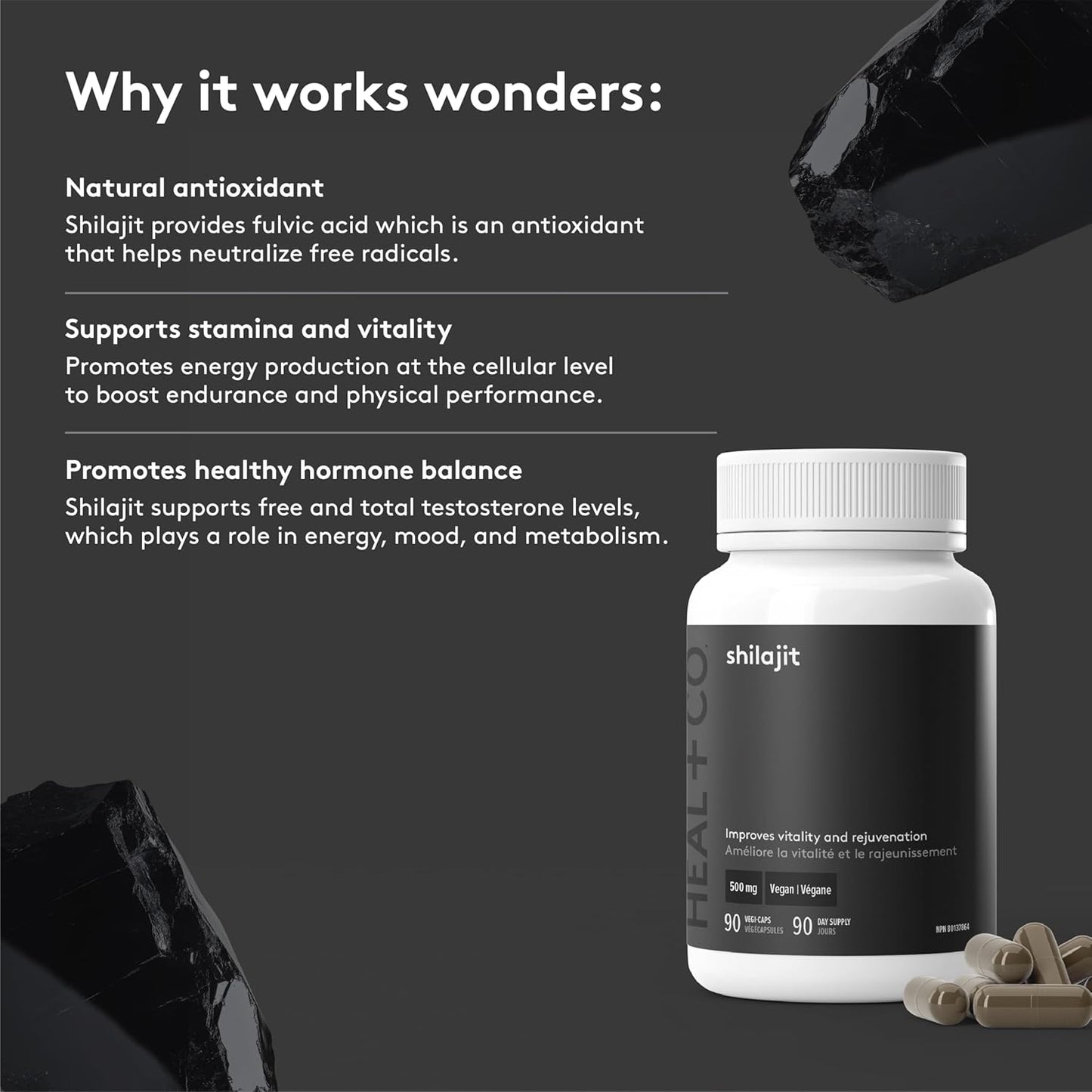HEAL + CO. Shilajit – Boosts Energy, Supports Hormonal Balance & Enhances Vitality Naturally, 100% Pure Himalayan Shilajit, 90 Vegan Capsules