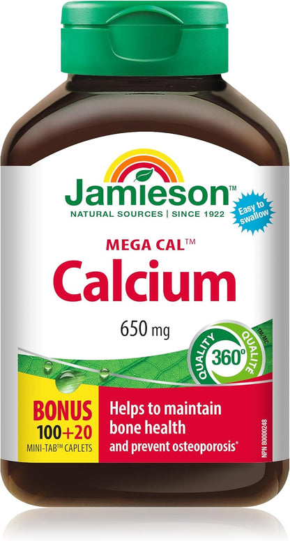 Jamieson Mega Cal Calcium 650 mg Caplets, Combines 5 Forms of Calcium, Helps Prevent Bone Loss and Osteoporosis, Supports Bone and Teeth Health. Vegetarian, Gluten-Free, 120 Caplets, Proudly Canadian