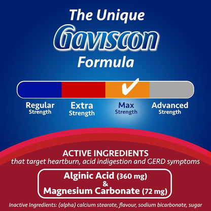 Gaviscon Max Relief 片劑 - 50 片 - 可咀嚼的泡沫抗酸片，用於日夜緩解胃灼熱、胃酸倒流和胃食道逆流症，莓果混合物 - 不含鋁、乳糖和麩質