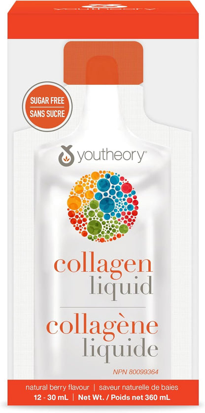 Youtheory 膠原蛋白液，天然莓果口味，12個獨立包裝，水解膠原蛋白。滋養頭髮、皮膚和指甲。 28天內有效減少細紋和眼部皺紋