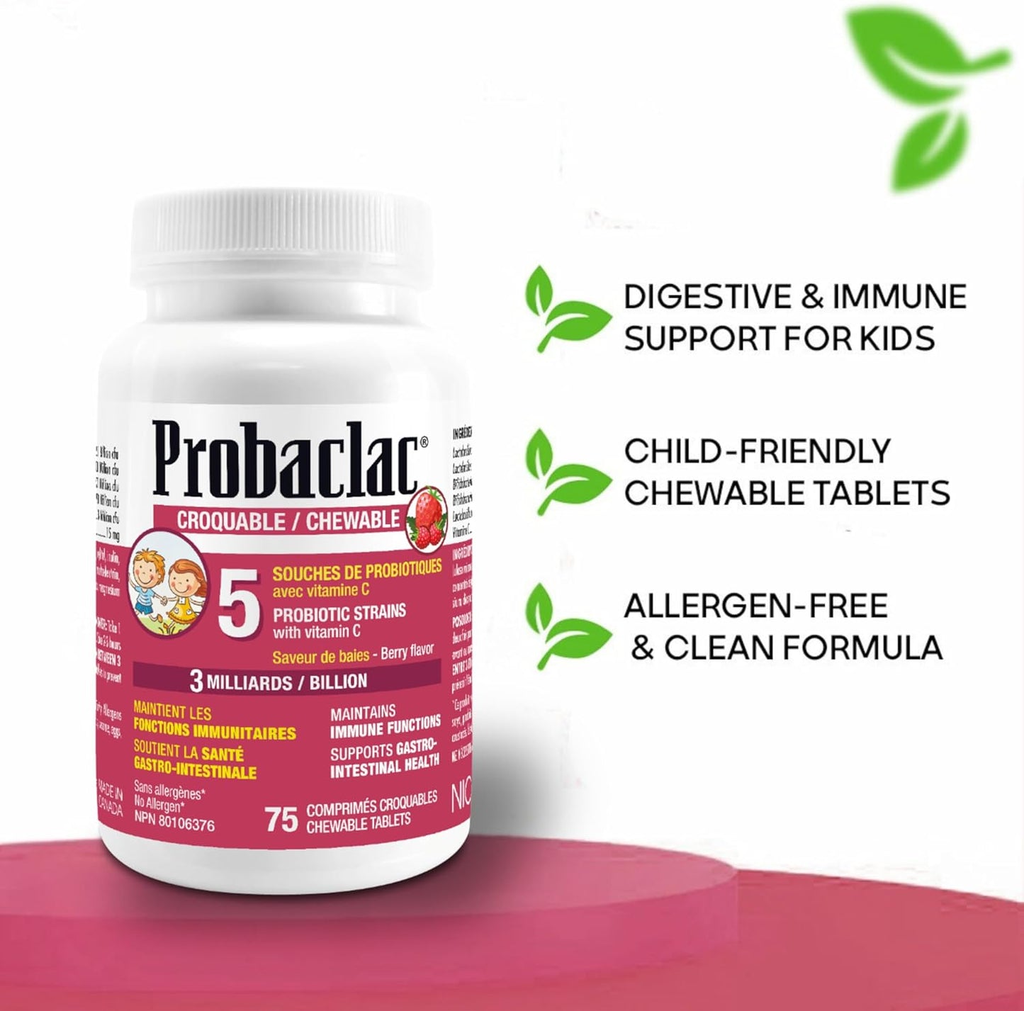 Probaclac chewable probiotics for kids ages 3. Each chewable tablet contains 3 billion active cells, Multi-strain probiotic and lactic ferment complex (6 strains) (40)