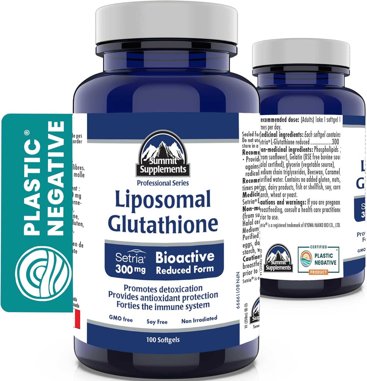脂質體穀胱甘肽 300 毫克，100 粒軟膠囊 - 100 天用量，Setria 還原型，強效抗氧化，令肌膚容光煥發，活力充沛，健康健康，非轉基因，不含大豆，加拿大製造，抗塑料污染