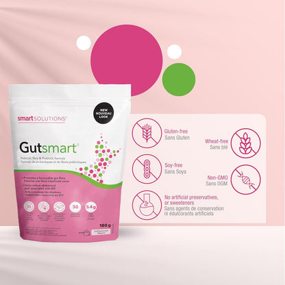 Smart Solutions Gutsmart Powder Unflavoured, Prebiotic and Probiotic Formula, Promotes a Favourable Gut Flora and Helps Relieve Abdominal Pain Associated with IBS. With 5.4 g Fibre, Gluten Free, Non-GMO, Soy Free, No Art…