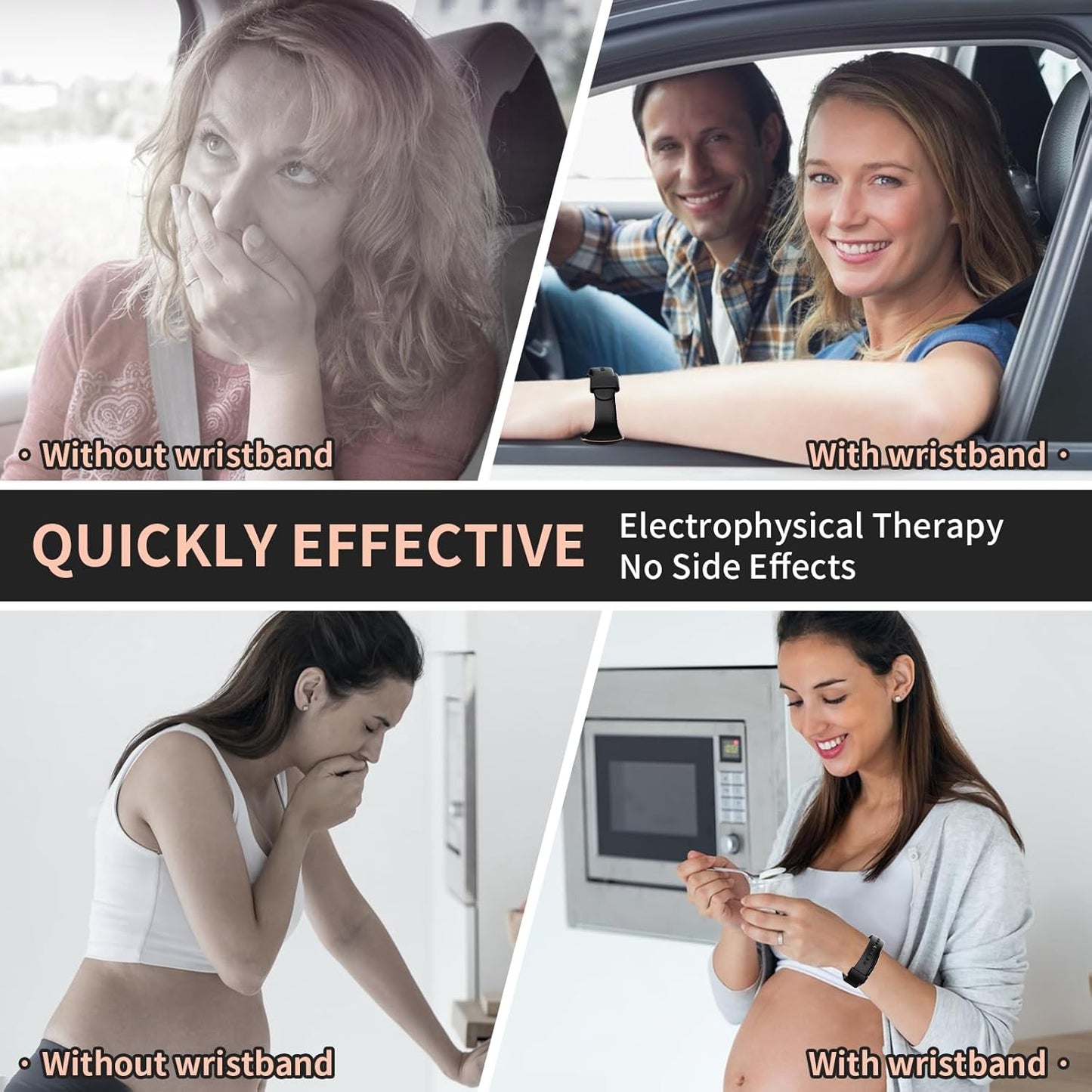 經皮電刺激裝置、防噁心腕帶、暈動病腕帶、暈動病（汽車、飛機、海上）和晨吐的嘔吐緩解劑，不含藥物且無副作用