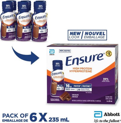 Ensure 高蛋白 16 克，营养补充剂蛋白奶昔，即饮，巧克力味，6 x 235 毫升瓶装
