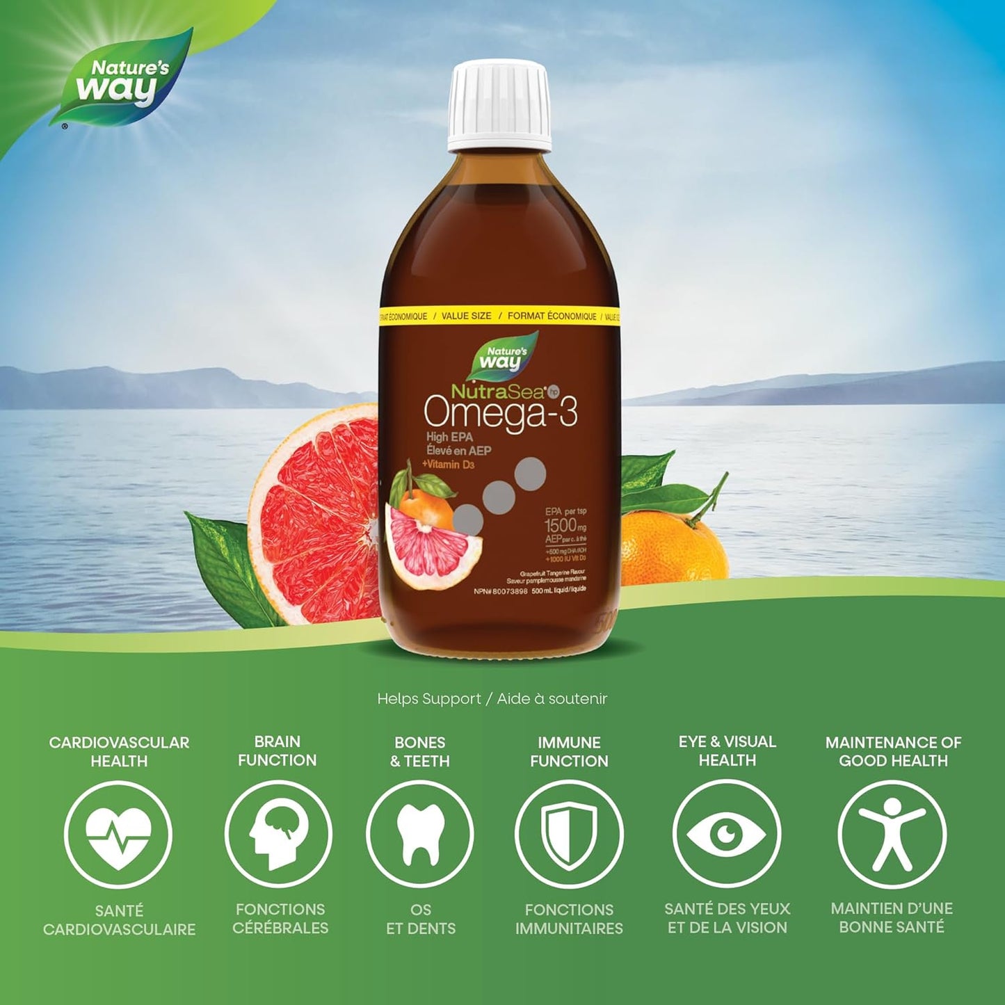 NutraSea HP+D™, High Potency Omega 3 + Vitamin D Supplement, Grapefruit Tangerine, 500 ML Liquid