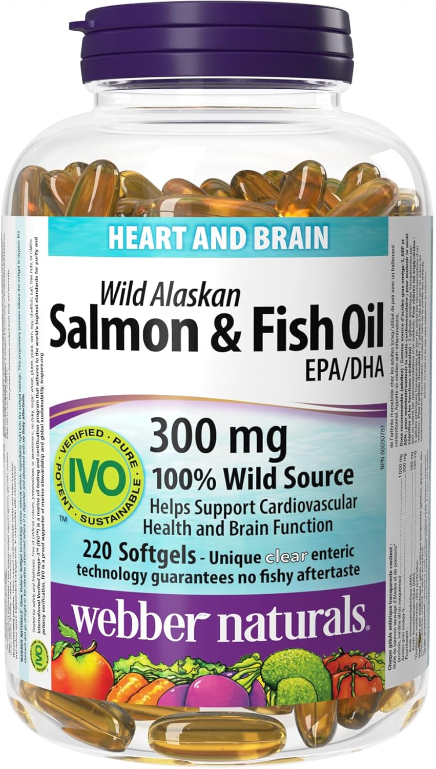 Webber Naturals 鮭魚和魚油 300 毫克，220 粒透明腸溶無魚腥味軟膠囊，支持心血管健康和大腦功能
