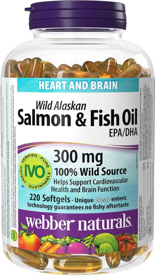 Webber Naturals Salmon and Fish Oil 300 mg, 220 Clear Enteric No Fishy Aftertaste Softgels, Supports Cardiovascular Health and Brain Function