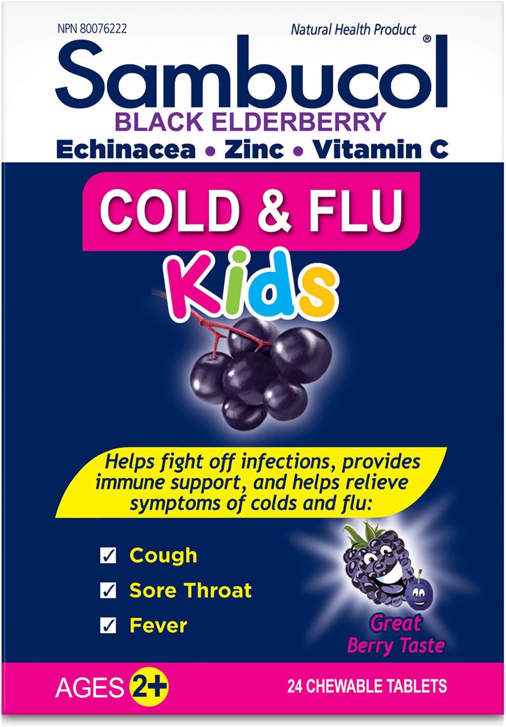 Sambucol Black Elderberry Cold & Flu Kids | Relieves Cold & Flu Symptoms | Immune Support & Antioxidant | Gluten Free | 24 Chewable Tablets, blue