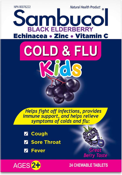 Sambucol Black Elderberry Cold & Flu Kids | Relieves Cold & Flu Symptoms | Immune Support & Antioxidant | Gluten Free | 24 Chewable Tablets, blue