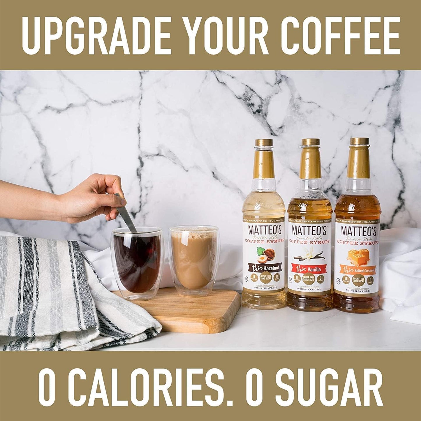 Matteo's Barista Style Sugar Free Coffee Syrup - 4 Flavor Variety Pack, No Calorie & Coffee Syrup Pump Dispenser, Bottle Pumps for Syrup, Skinny Syrup Pump for 750ml Bottles