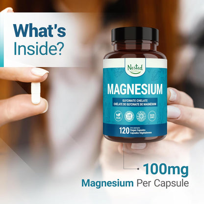 Nested Naturals 甘氨酸鎂螯合物 - 200 毫克螯合鎂補充劑，用於緩解肌肉痙攣、增強放鬆和改善睡眠支持 - 100% Albion TRACCS 緩衝甘氨酸鎂 - 120 粒純素鈣…