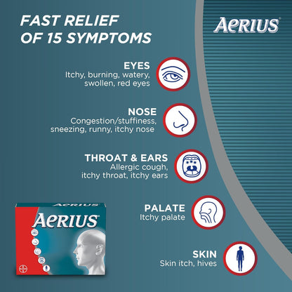 Aerius Allergy Medicine, Fast Relief, 24-Hour, Non-Drowsy, 15 Symptoms, 10 Tablets