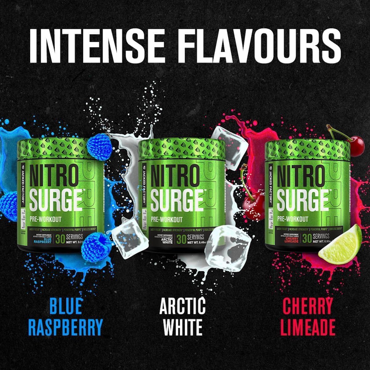 NITROSURGE 鍛鍊前補充品 - 源源不絕的能量、瞬間增強力量、清晰的注意力、強烈的泵感 - 一氧化氮助推器和含 β-丙氨酸的鍛煉前粉末 - 30 份，酸桃圈
