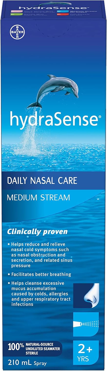 HydraSense 中流量鼻喷雾剂，日常鼻腔护理，100% 天然海水，不含防腐剂，210 毫升