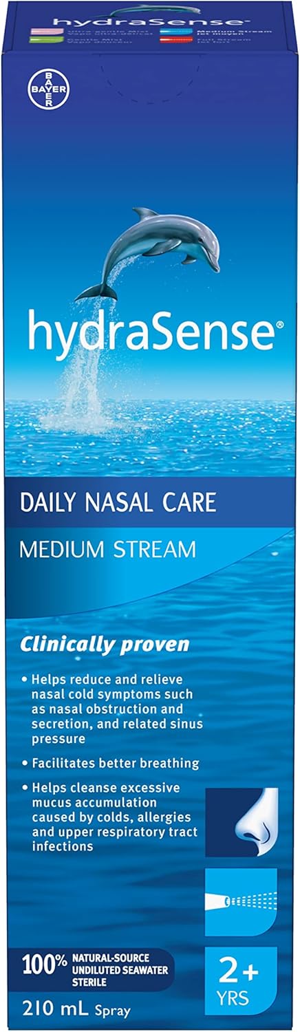 HydraSense 中流量鼻喷雾剂，日常鼻腔护理，100% 天然海水，不含防腐剂，210 毫升
