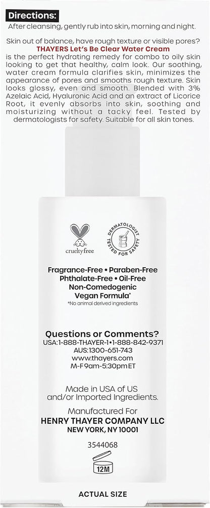 THAYERS Let's Be Clear 水潤臉部保濕霜，含壬二酸和透明質酸，適合混合性至油性肌膚，明顯縮小毛孔，撫平膚質，75 毫升