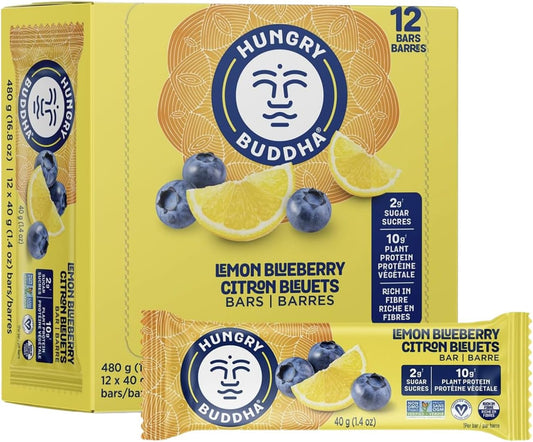 HUNGRY BUDDHA Plant-Based Protein Bars, Low Sugar, High Protein Energy Snack, Dairy-Free & Peanut-Free, Pack of 12, Lemon Blueberry