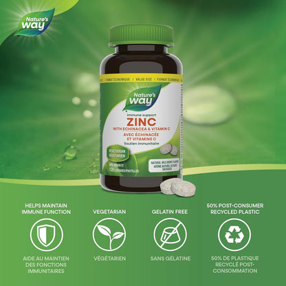 Nature’s Way Zinc with Echinacea & Vitamin C - Immune Support Supplement with Zinc, Echinacea, and Vitamin C – Natural Wild Berry Flavour - 120 Lozenges, Value Size