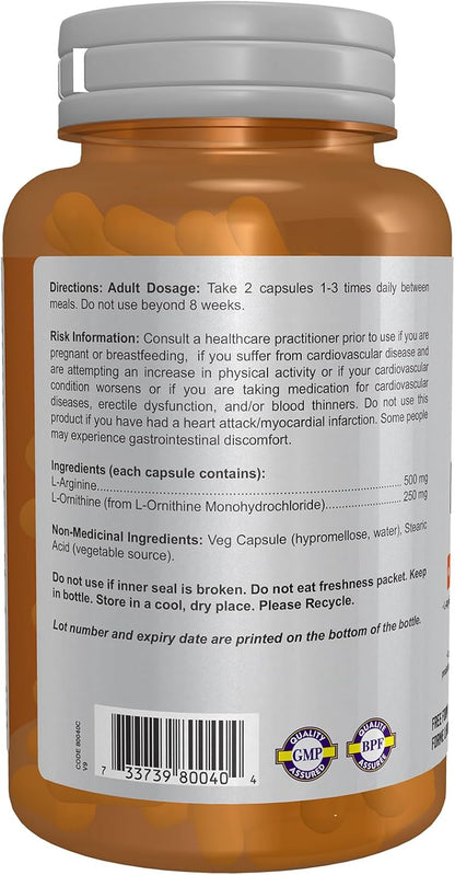 NOW Sports, L-Arginine & L-Ornithine 500/250 mg, Amino Acids, 100 Veg Capsules