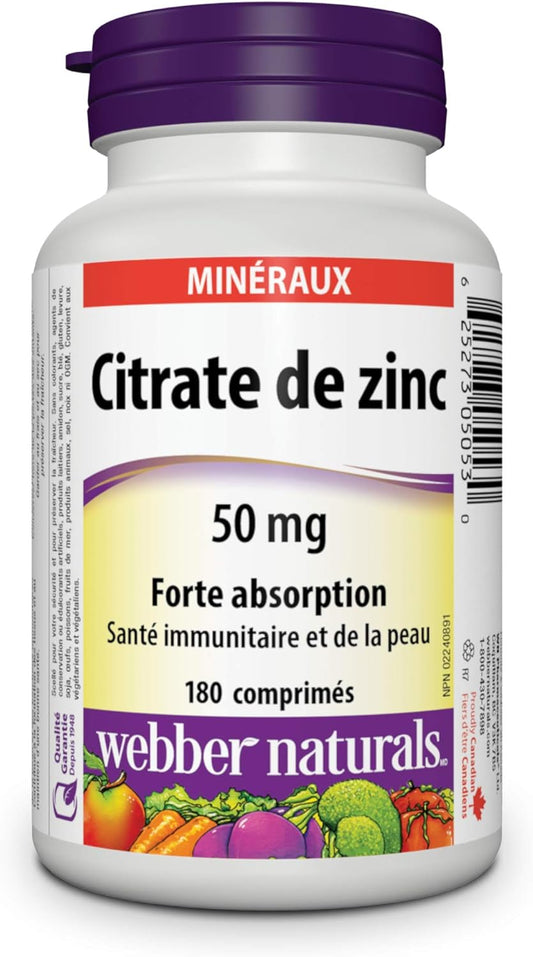 Webber Naturals Zinc Citrate 50 mg, 180 Tablets, For Healthy Skin and Immune Support, Vegan