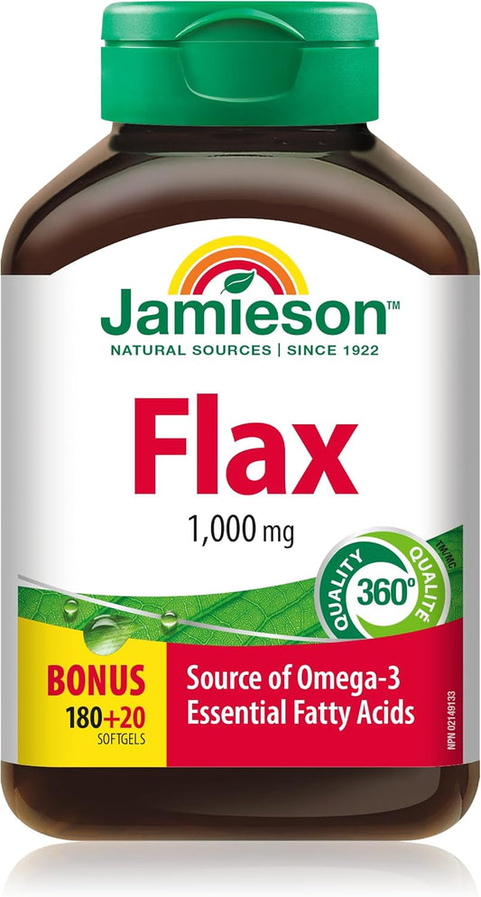Jamieson Flax Oil 1,000 mg Softgels, Bonus Size, Flaxseed Oil, Providing 500 mg Omega-3, ALA, Non-GMO, Gluten-Free, 200 Count, Proudly Canadian