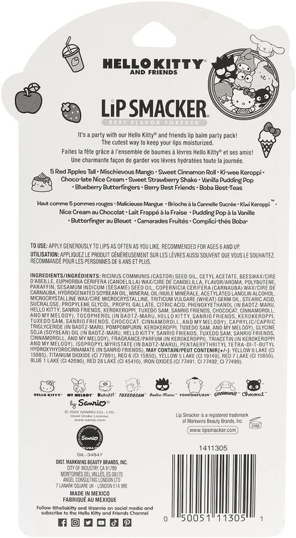 Lip Smacker Sanrio Hello Kitty 和朋友 10 片口味潤唇膏派對裝，透明啞光，適合兒童、男士、女士、乾燥嘴唇、My Melody、Little Twin Stars 和 Chococat