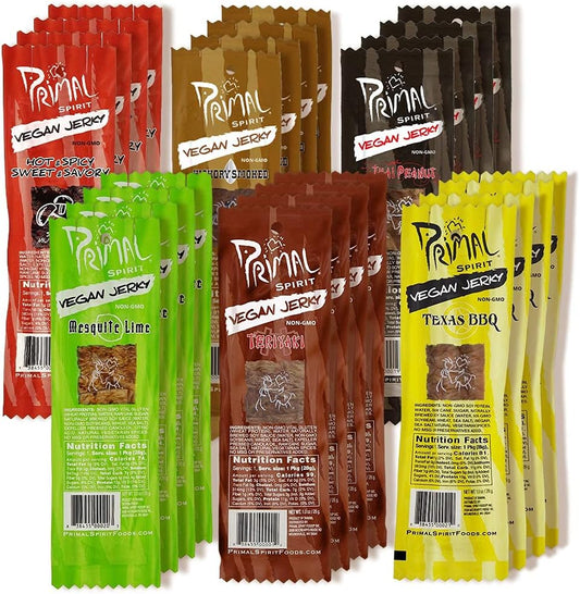 Primal Spirit Vegan Jerky - Sampler Pack, 10g. Plant Based Protein, Certified Non-GMO ("Classics" Thai Peanut, Mesquite Lime, Teriyaki, Hot & Spicy, Hickory Smoked, & Texas BBQ, 24-Pack, 1 oz.)