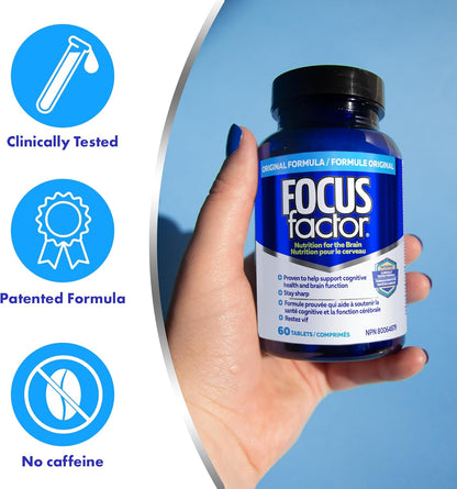 Focus Factor 大腦補充劑和完整複合維生素（60 粒），含鋅、鎂、維生素 B6、B12、D、假馬齒莧和酪氨酸，可改善記憶力、注意力和專注力