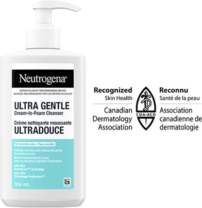 Neutrogena Ultra Gentle Cream-to-Foam Cleanser, Face Wash for Sensitive Skin, Dry Skin, Cleanser, Dermatologist Tested, Hypoallergenic, Cica, Fragrance Free, 354mL