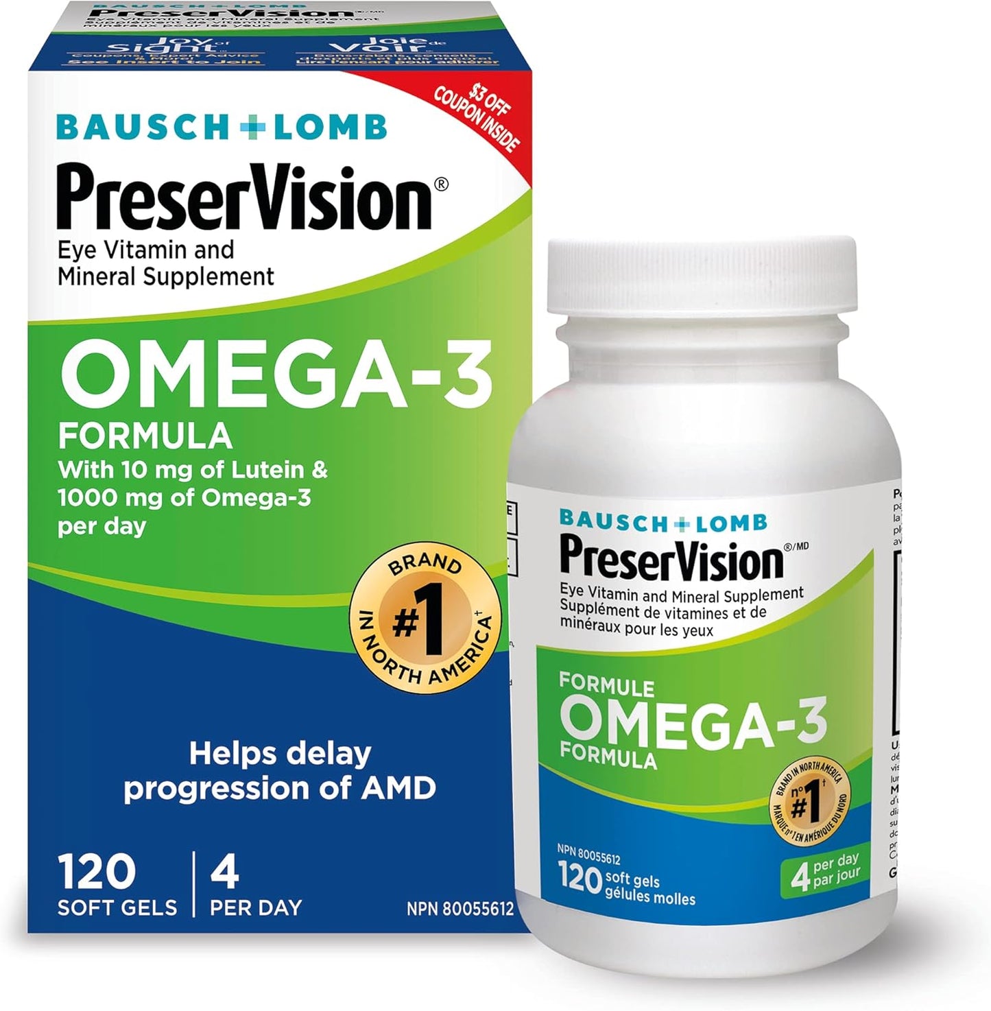PreserVision Omega-3 眼部维生素和矿物质补充剂，含 Omega-3、叶黄素、维生素 C、玉米黄质、锌和维生素 E，120 粒软胶囊