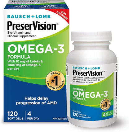 PreserVision Omega-3 眼部维生素和矿物质补充剂，含 Omega-3、叶黄素、维生素 C、玉米黄质、锌和维生素 E，120 粒软胶囊