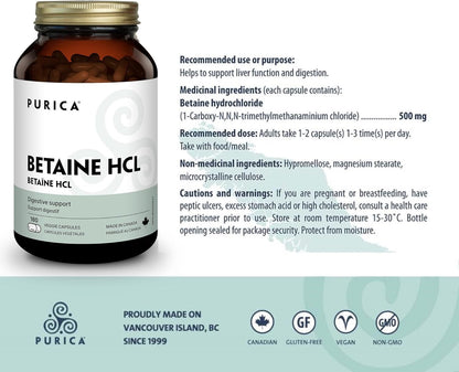 PURICA - Betaine Hydrochloride HCL, 180 Vegan Capsules 180-Day Supply - Digestive Support and Overall Internal Health - Helps to Support Liver Function and Digestion - Non-GMO and Gluten-Free