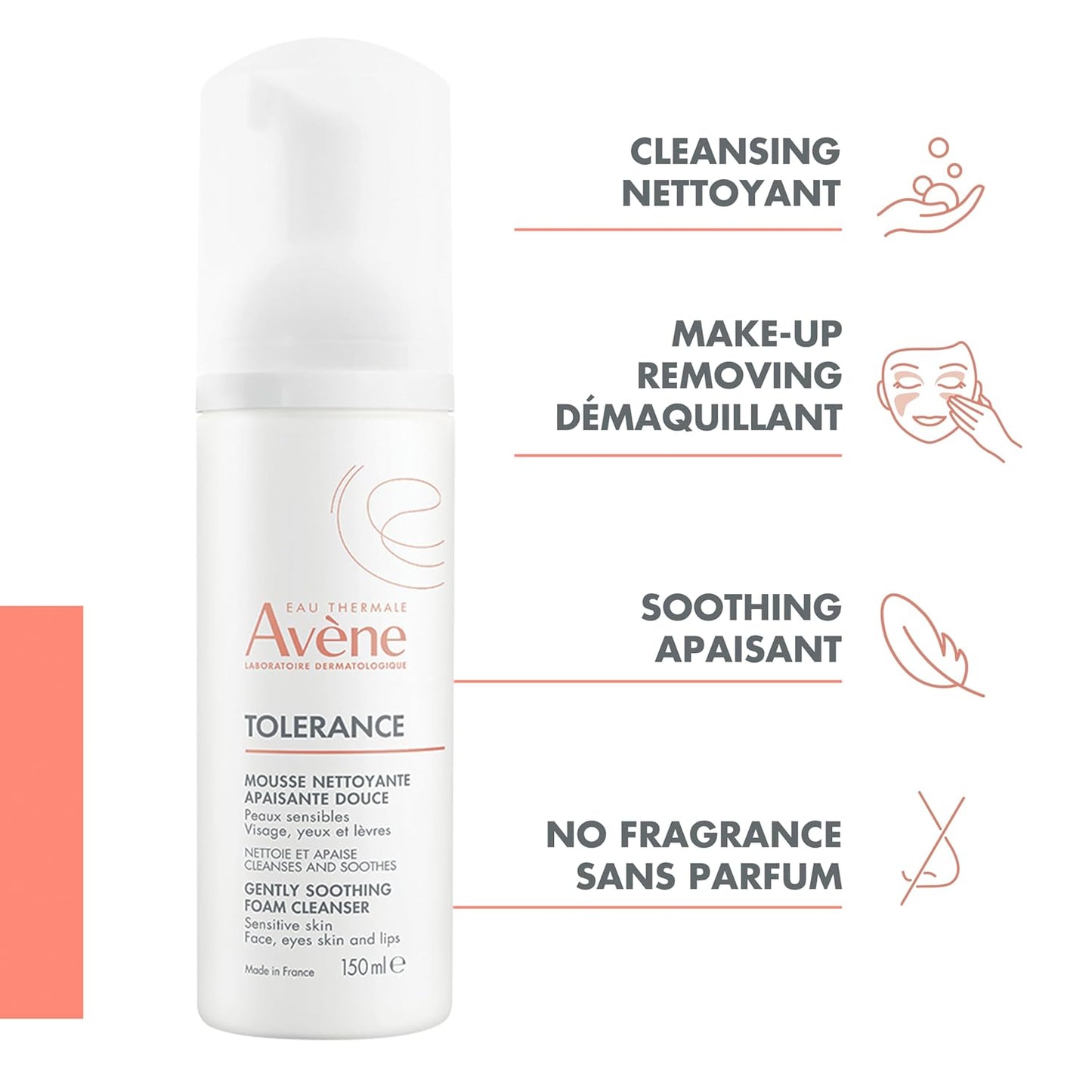 Eau Thermale Avène Tolerance 溫和舒緩泡沫潔面卸妝液，適用於敏感和超敏感肌膚，無香型，150 毫升