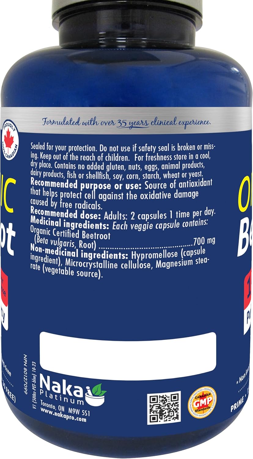 Naka 有机甜菜根，每剂 1400 毫克，最大效力，加拿大制造（120+30 免费）（150 粒素食胶囊）