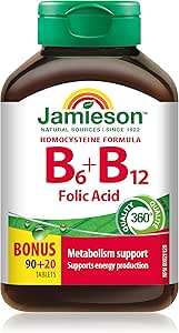 Jamieson 維生素 B6 75 微克、維生素 B12 150 微克和葉酸 800 毫克片劑，天然提升能量，增強免疫功能，促進健康懷孕和胎兒發育。素食，無麩質，110 片裝