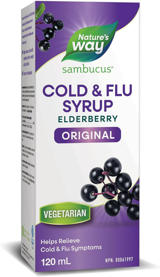 Nature's Way Sambucus Cold and Flu Care Original – Elderberry Syrup Used in Herbal Medicine to Help Relieve Symptoms (Coughs and Sore Throats) in Adults, 120 ml