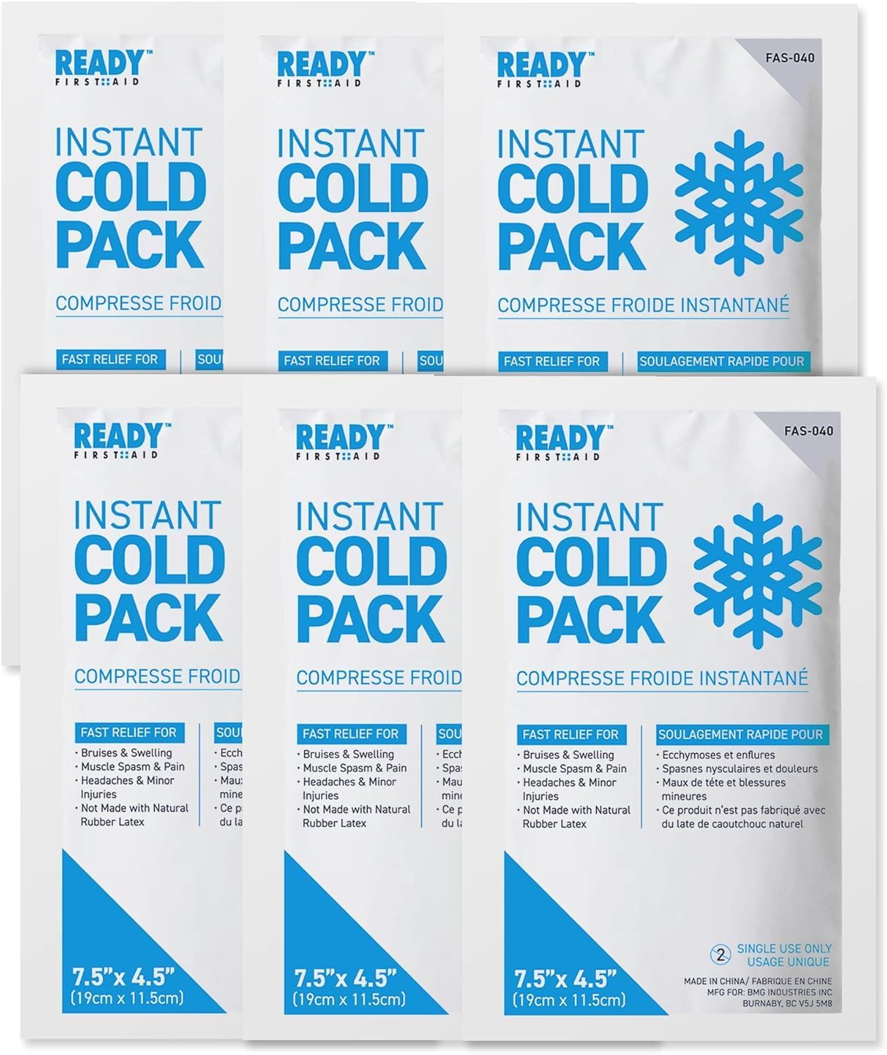 速效冷敷包，中号包装（7.5 英寸 x 4.5 英寸）- 急救准备，快速缓解瘀伤、肿胀、肌肉痉挛、疼痛、头痛，轻微受伤时可使用冰袋（7.5 英寸 x 4.5 英寸，6 个一盒）