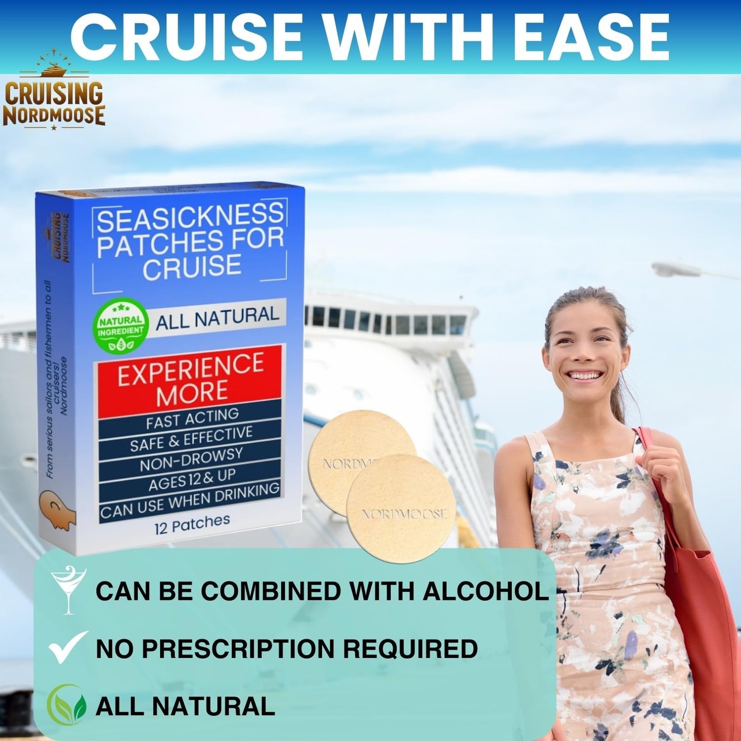 Nordmoose 邮轮晕船贴 - 邮轮全天然晕船缓解贴 - 不瞌睡的邮轮耳后晕船解决方案