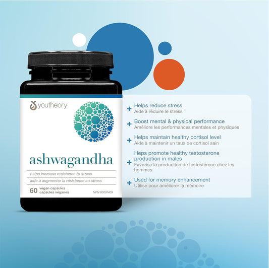 Youtheory 南非醉茄胶囊,每份含 7,200 毫克,经临床验证的 KSM-66 和 GingeverGinger 成分,可增强南非醉茄的功效。有助于增强对压力和焦虑的抵抗力,纯素,60 粒胶囊