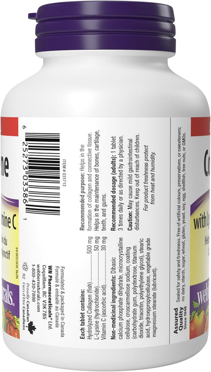 Webber Naturals 膠原蛋白，含賴氨酸和維生素 C，120 片，有助於支持關節、肌肉和皮膚