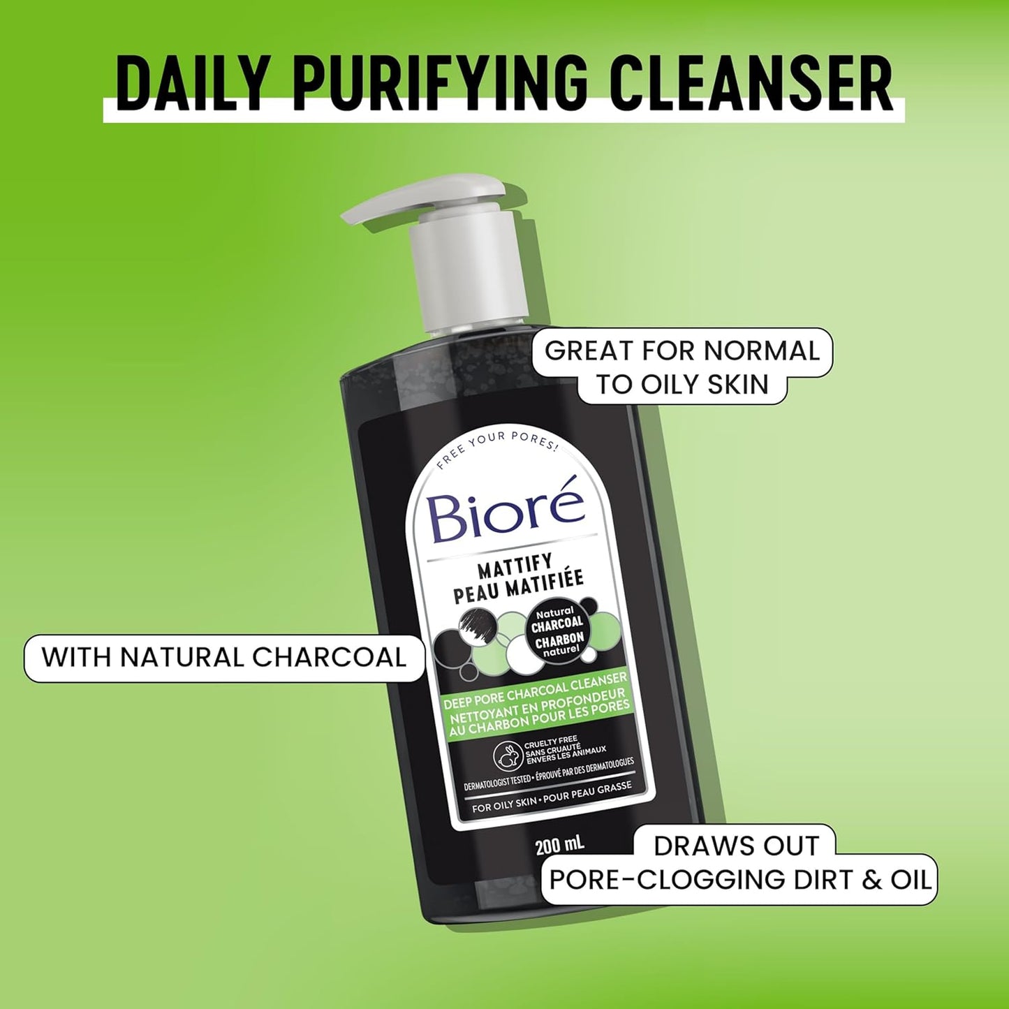 Biore Deep Pore Charcoal Cleanser, Face Wash for Oily Skin (200 mL) | Made in Canada