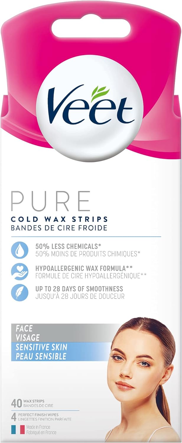 Veet PURE, Face Wax Strips, Sensitive Skin, Hypoallergenic Formula, 40ct, White