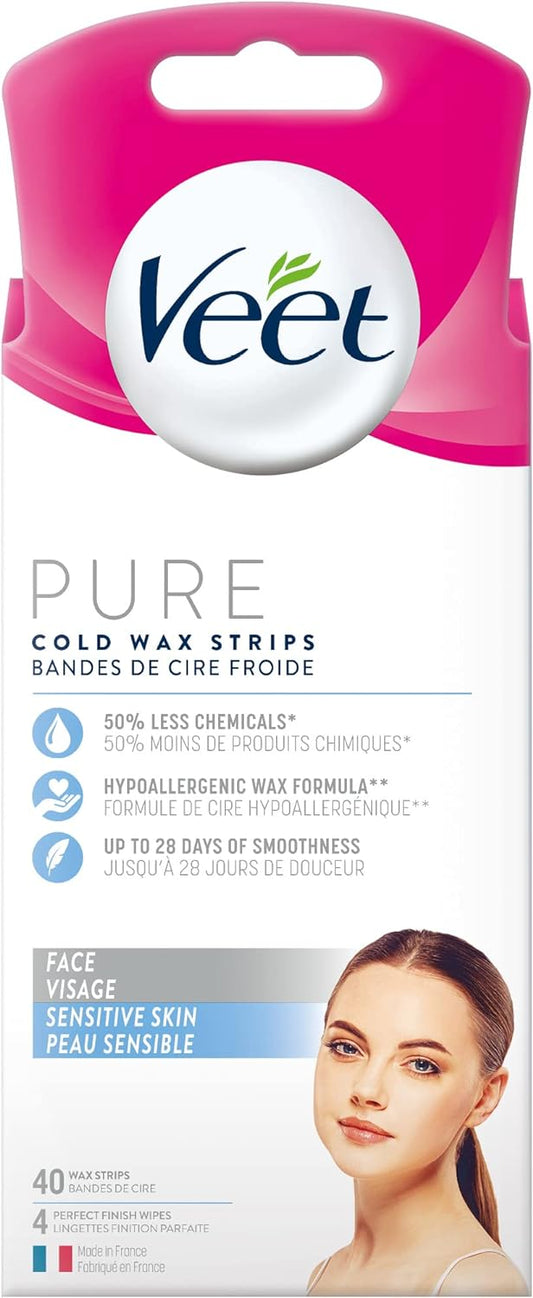 Veet PURE, Face Wax Strips, Sensitive Skin, Hypoallergenic Formula, 40ct, White