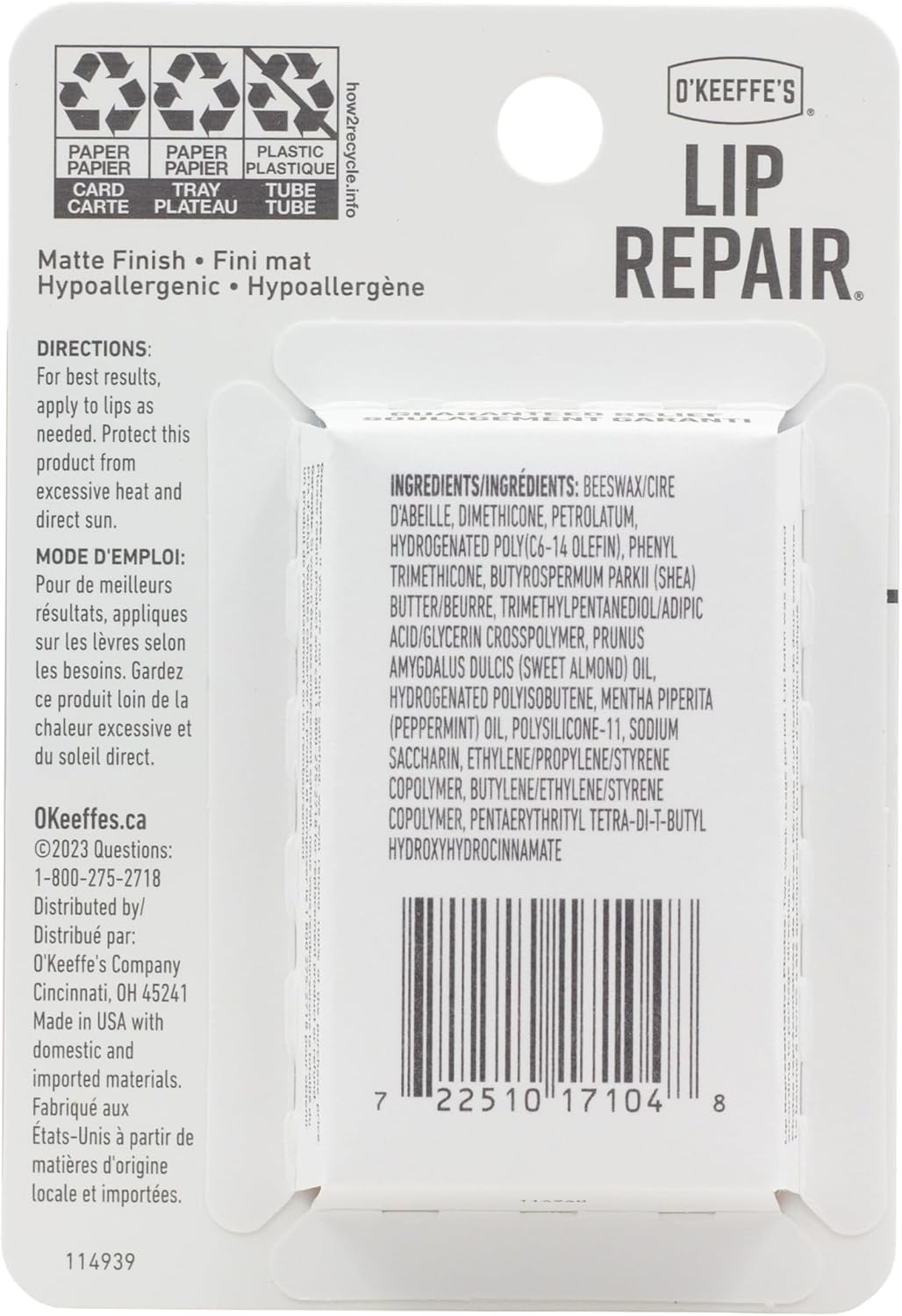 O'Keeffe's Lip Repair Balm, Cooling Relief, Instant Cooling for Dry Cracked Lips, 7 Moisturizing Ingredients, Stick, Pack of 2