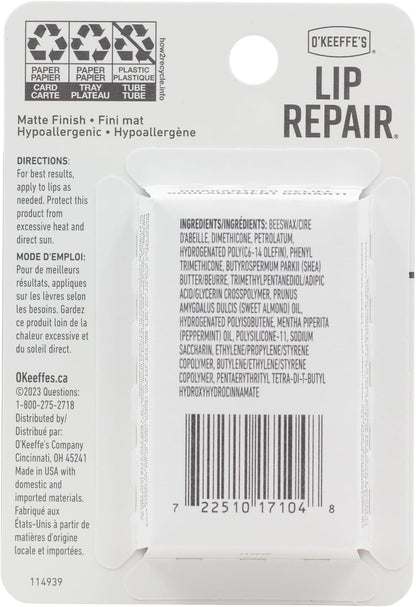 O'Keeffe's Lip Repair Balm, Cooling Relief, Instant Cooling for Dry Cracked Lips, 7 Moisturizing Ingredients, Stick, Pack of 2