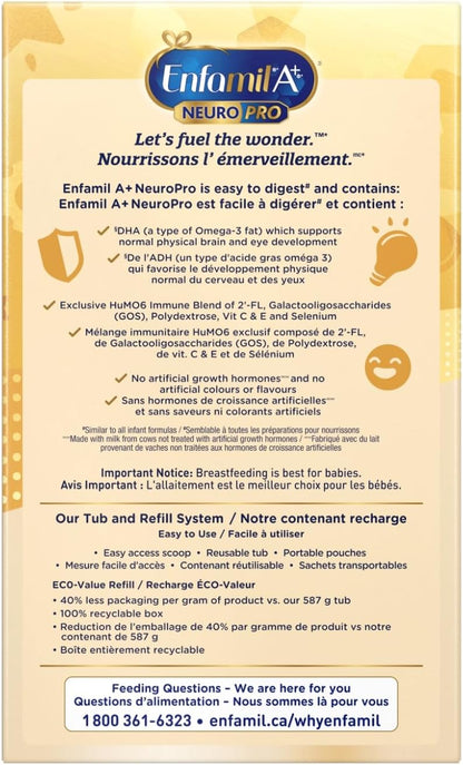 Enfamil A+ NeuroPro 婴儿配方奶粉，补充装纸盒，含促进大脑发育的 DHA 和 2'FL，用于免疫支持，0-12 个月，2 x 445 克（890 克）