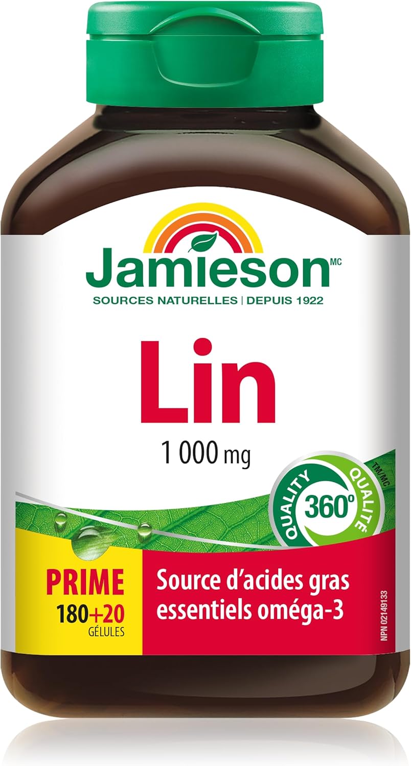 Jamieson 亚麻籽油 1,000 毫克软胶囊，加量装，亚麻籽油，提供 500 毫克 Omega-3、ALA、非转基因、无麸质，200 粒，加拿大制造