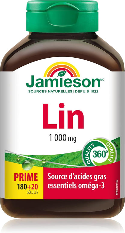 Jamieson 亚麻籽油 1,000 毫克软胶囊，加量装，亚麻籽油，提供 500 毫克 Omega-3、ALA、非转基因、无麸质，200 粒，加拿大制造