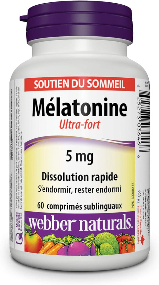Webber Naturals Melatonin 5 mg Extra Strength, 60 Quick Dissolve Tablets, For Sleep Support, Vegetarian